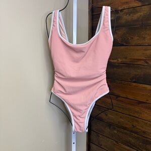 LainSnow Isle Rosy Peach womens one piece swimsuit w/ White Trim open back XL